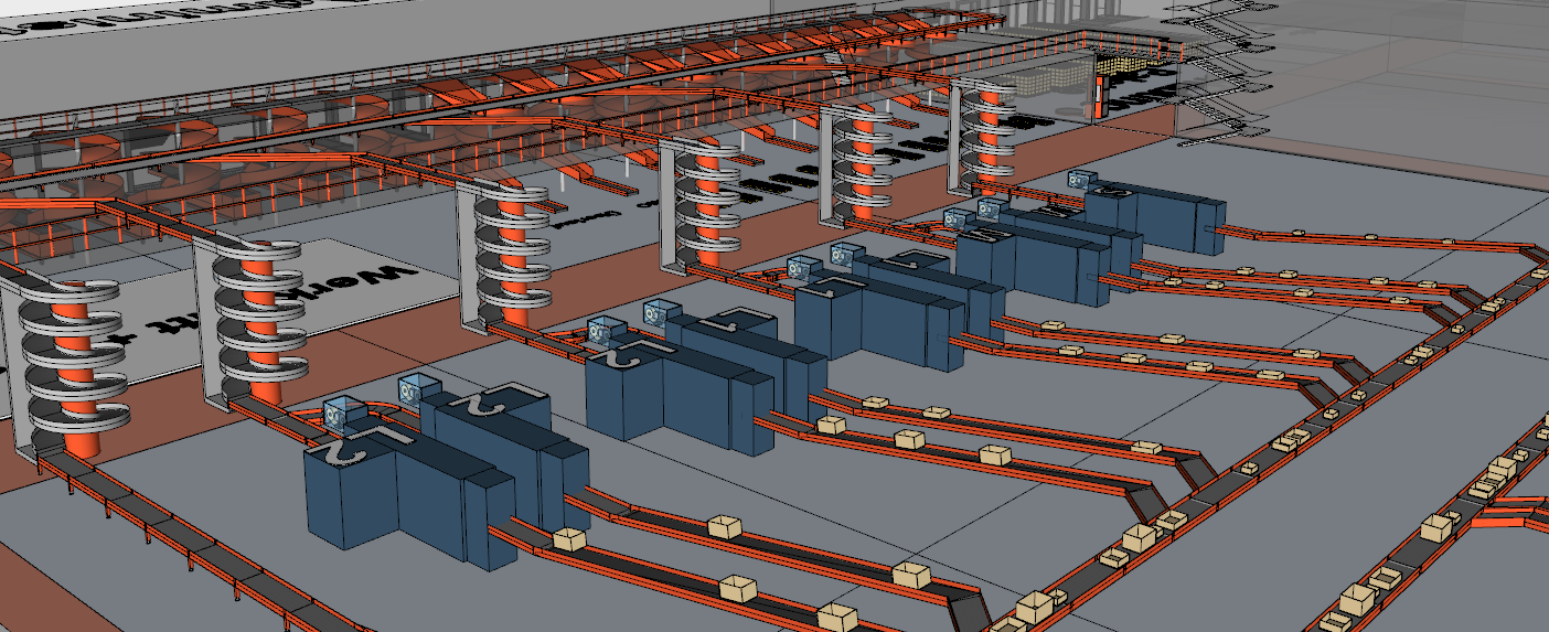 3D-CAD-Modell einer Industrieverkabelung; orange Kabel verlaufen von Decken-Kabeltrassen über spiralförmige Abgänge zu blauen Gerätemodulen; zusätzliche Leitungen führen bodennah durch Kanäle mit Verteilern und Anschlusskästen.