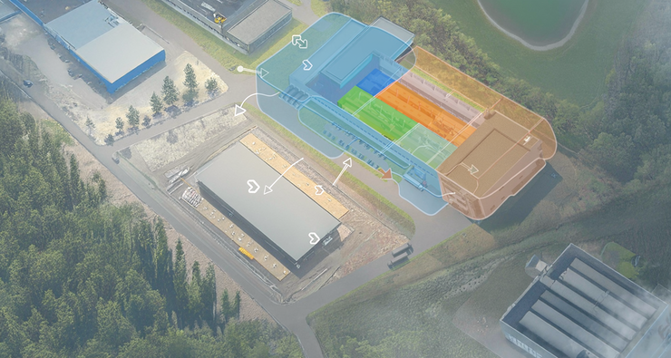 Luftaufnahme einer Fabrik mit visualisierten Bereichen für Wareneingang, Lager und Produktion, die den Einfluss der Beschaffungslogistik auf Flächenbedarf, Bestände und Fabriklayout zeigt