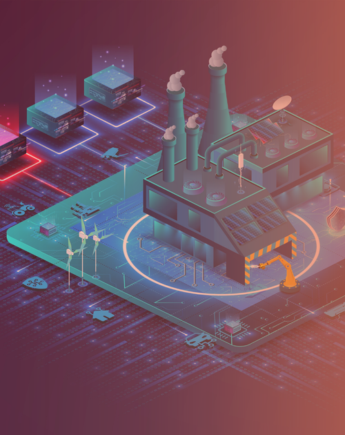 Illustration einer digital vernetzten Fabrik mit Datenflüssen, die Metroplan's Prinzipien der Fabrikplanung wie Automatisierung, Nachhaltigkeit, Materialflussorientierung und datenbasierte Auslegung visualisiert.