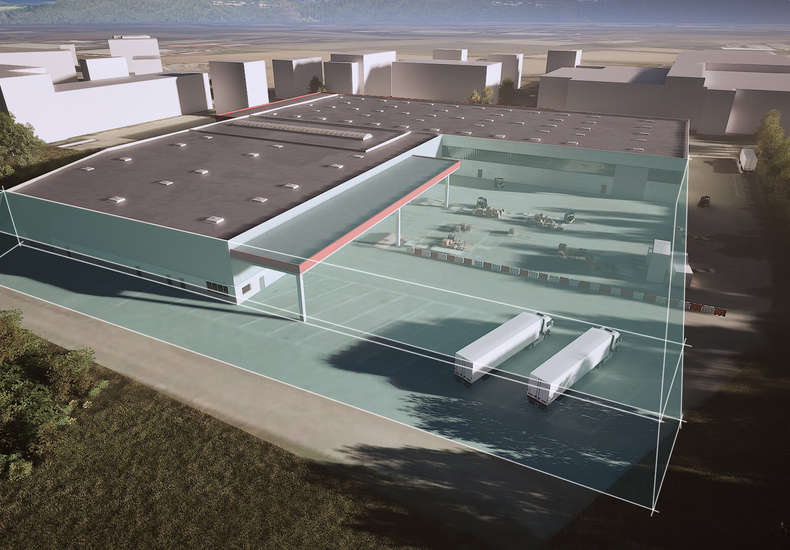 Visualisierung eines bestehenden Industriegebäudes mit angedeuteter Erweiterung und Lkw-Verkehr – Beispiel für ein Brownfield-Projekt mit Fokus auf Umbau, Sanierung oder Erweiterung
