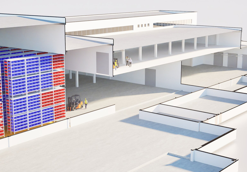 Visualisierung eines modernen Industriegebäudes auf freier Fläche mit Laderampen, Lagerstruktur und geplanten Erschließungswegen – Beispiel für ein Greenfield-Bauprojekt