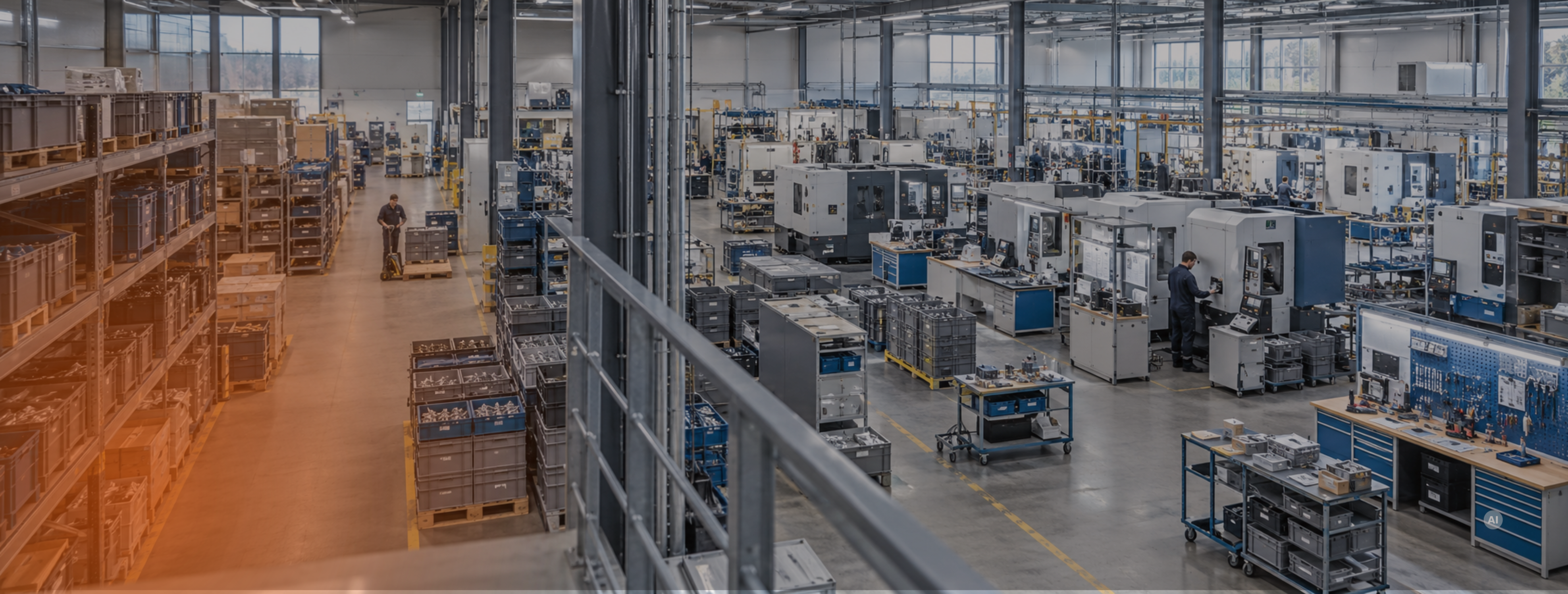[Translate to English:] Lager mit Materialbeständen als Symbol für optimierte Beschaffungslogistik, geringere Bestandskosten und hohe Versorgungssicherheit in der Produktion