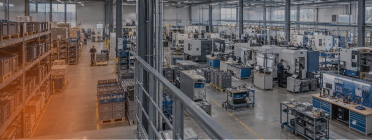 Lager mit Materialbeständen als Symbol für optimierte Beschaffungslogistik, geringere Bestandskosten und hohe Versorgungssicherheit in der Produktion