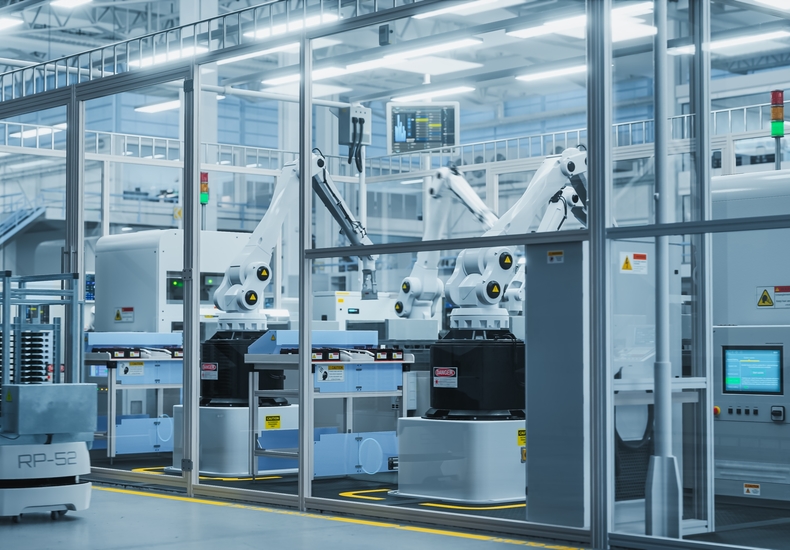 Hochmoderne Fertigungsanlage mit Robotik-Armen und automatisierten Transportsystemen zur Verarbeitung von sensiblen Materialien unter Reinraumbedingungen.