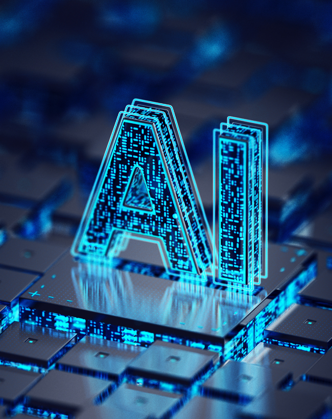 3D-Visualisierung des Begriffs ‚AI‘ auf einem Mikrochip vor einer Tastatur – symbolisiert den Einsatz Künstlicher Intelligenz in der Einkaufsoptimierung bei Metroplan