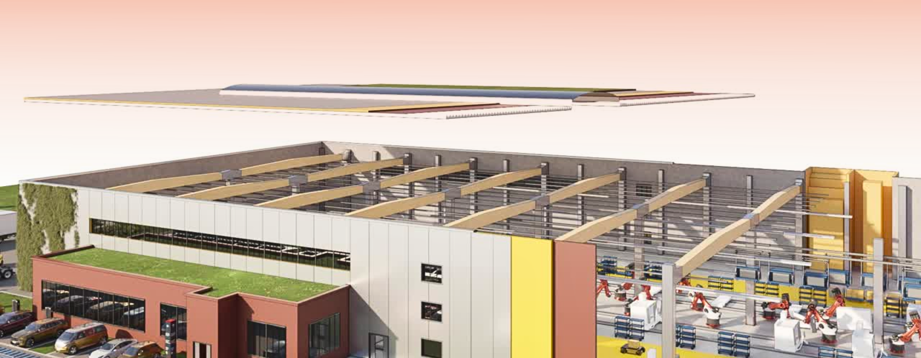 Visualisierung einer modernen, nachhaltig geplanten Industrieimmobilie mit Holztragwerk, energieeffizienter Gebäudetechnik und Grünfläche – Beispiel für eine DGNB-zertifizierte Produktionshalle