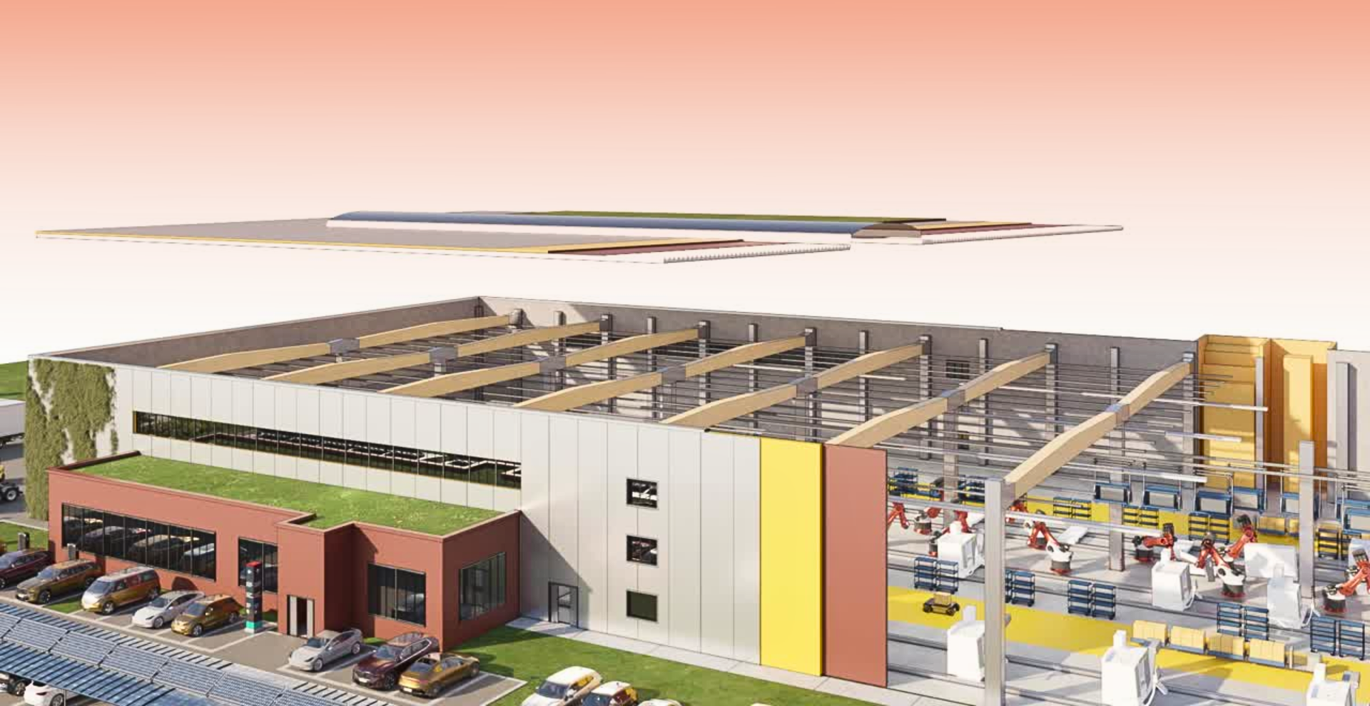Visualisierung einer modernen, nachhaltig geplanten Industrieimmobilie mit Holztragwerk, energieeffizienter Gebäudetechnik und Grünfläche – Beispiel für eine DGNB-zertifizierte Produktionshalle