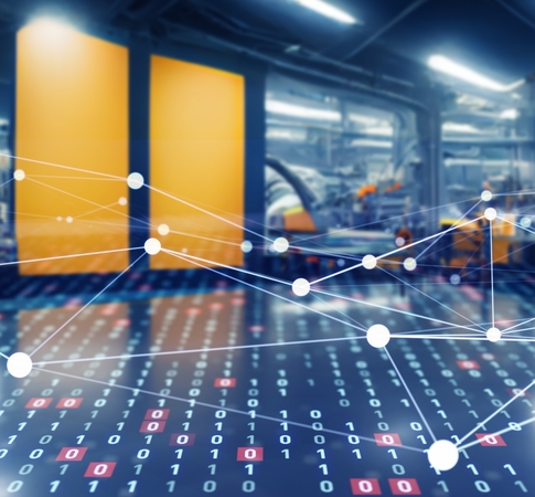 Digitale Prozessanalyse in einer Smart Factory – Vernetzte Datenpunkte visualisieren kritische Pfade, Informationsflüsse und Störfaktoren in einer automatisierten Produktionsumgebung