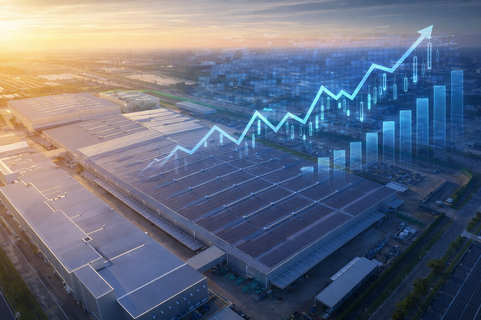 Fabrikareal aus der Vogelperspektive mit aufsteigender grafischer Wachstumskurve, Symbol für wirtschaftliche Reorganisation von Produktionsstandorten und Performance-Steigerung