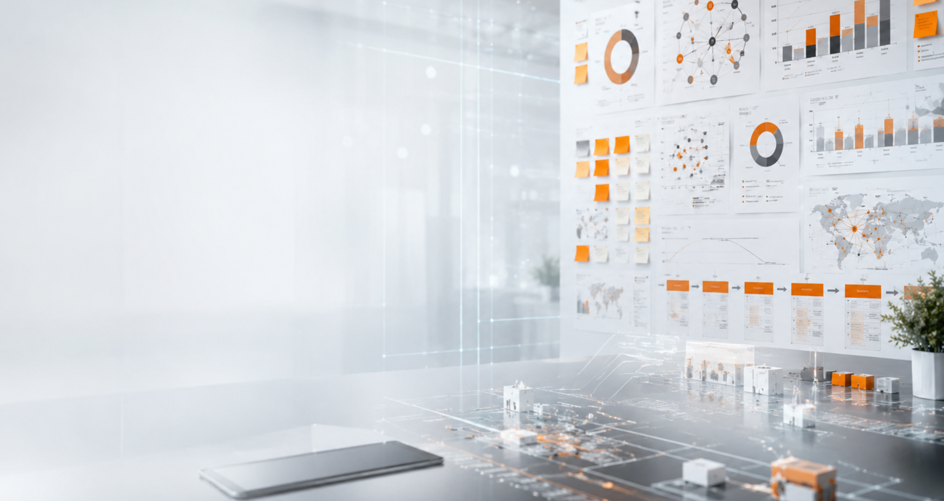Technisch-cleanes Headerbild zur Potenzialanalyse Einkauf mit Datenvisualisierungen, Einkaufskennzahlen, Roadmap und analytischem Workspace.